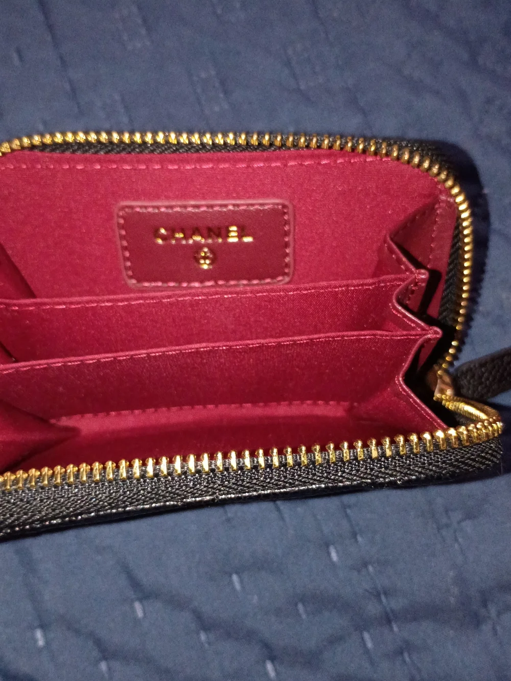 Black Quilted Zip Card Holder with Gold  CC Logo